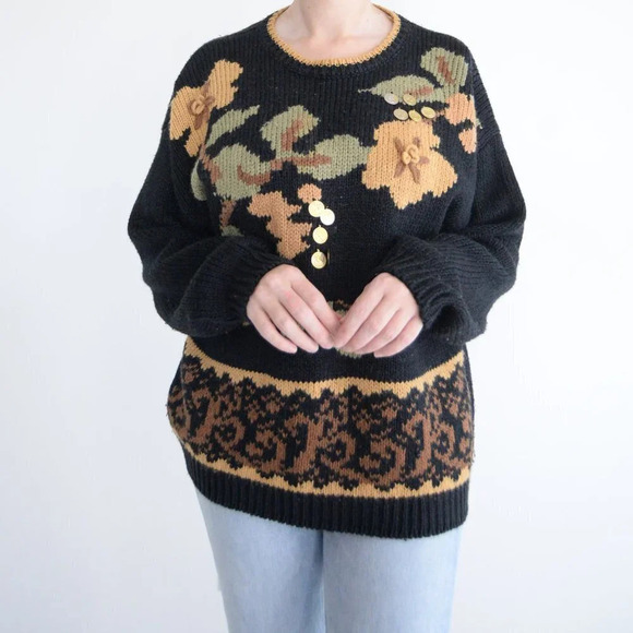 Vintage DB sport by David Benjamin Black Knit w Floral & Coins Design Sweater L - Picture 2 of 12